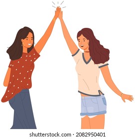 Two people giving high five, standing happily with hands together. Smiling women greeting each other. Female characters give five and rejoice. Happy girls during greeting isolated on white background