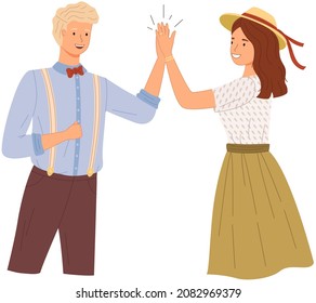 Dos personas dando cinco, paradas con las manos juntas. Hombre y mujer vestidos de forma casual saludándose entre ellos. Los personajes dan cinco y se alegran. Feliz pareja durante la ilustración del vector de saludo