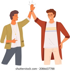 Two people giving high five, standing happily with hands together. Smiling men greeting each other. Male characters give five and rejoice. Happy guys during greeting isolated on white background