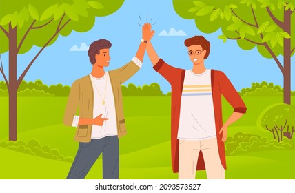Two people giving high five, standing happily with hands together. Smiling men greeting each other. Male characters give five and rejoice. Happy guys during greeting isolated on white background