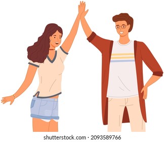 Two people giving high five, standing with hands together. Man and woman greeting each other. Cartoon characters give five and rejoice. Happy couple during greeting isolated on white background