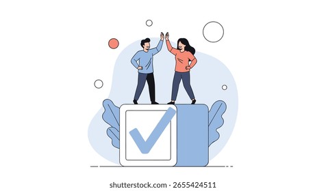 Two people giving a high five celebrating success standing on a giant check mark illustration