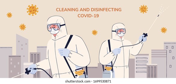 Two people with goggles and hazmat suits carefully disinfecting the city streets to avoid community spreading during COVID-19 outbreaks, in flat design