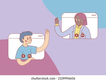 Two people greet each other during a video call. Business online conference. Online communication. Communication during quarantine. A man and a woman talk through monitor screens. 