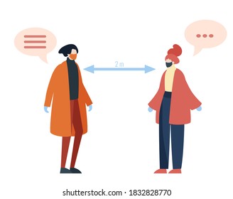 Two people greeting each other while keeping social distance to prevent covid19 transmission. Flat design illustration.