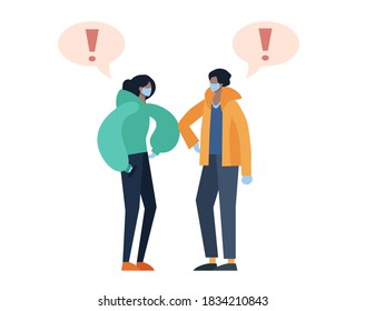 Two people greeting each other while keeping social distance to prevent covid19 transmission. Flat design illustration.