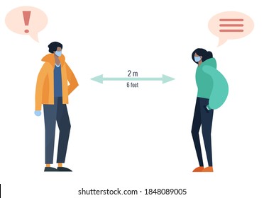 Two people greeting each other while keeping social distance to prevent covid19 transmission. Flat design illustration.