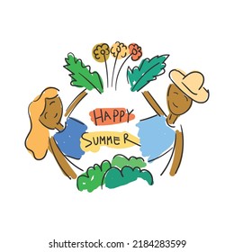 Two People Greeting Summer By Waving And Having Fun, Vector Illustration