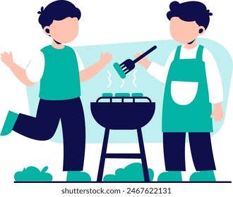 Two people grilling food on a barbecue, Vector illustration