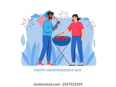 Two people grilling outdoors with celebration elements in the background, showcasing a joyful atmosphere. Vector illustration