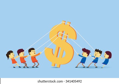 Two people group playing tug of war for big money symbol. Illustration about business competition concept.