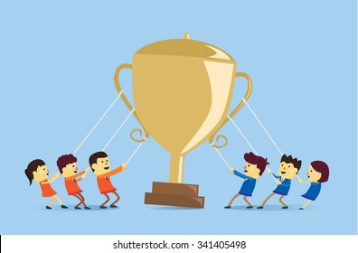 Two people group playing tug of war for get the golden trophy. Illustration about competition concept.