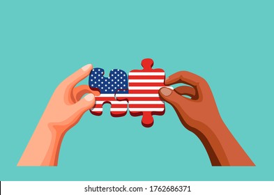 Two People Hand holding and joining  Puzzle with American Flag Symbol for USA Independence Day and Diversity Cultural. Concept in Cartoon Illustration Vector