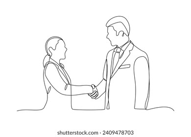 Two people hand shake for make a deal. Business minimalist concept. Simple continuous line.