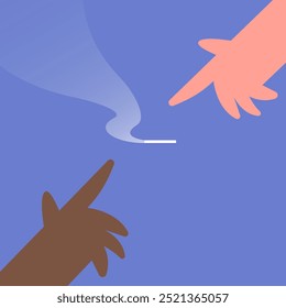Duas pessoas dão as mãos com cigarro. Vício, mau hábito, conceito de fumar. Cartaz, impressão, modelo de design. Ilustração de vetor plano em estilo cartoon.