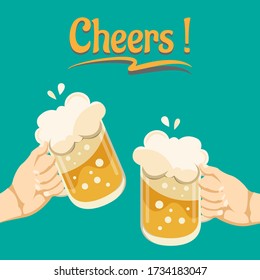 Two people hands holding beer glasses in the pub. Friends having fun clink mugs of beer at the party. Beer background concept for banners, posters. Vector illustration in flat style.