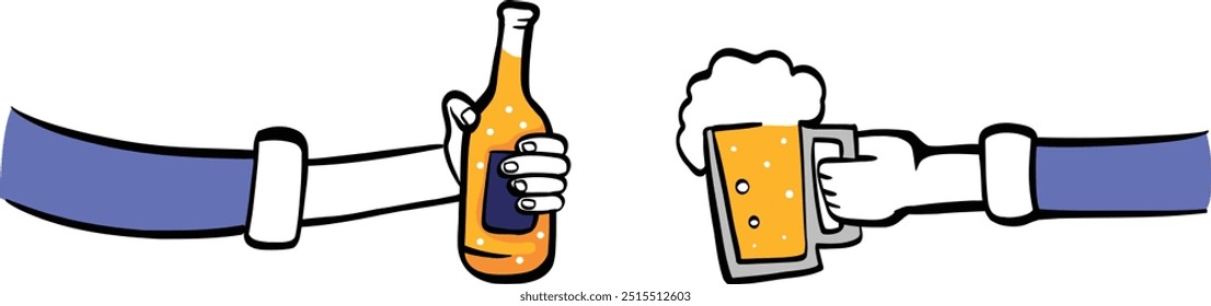 Dos manos de la gente que sostienen la botella y el vidrio para el brindis, celebrando el éxito, la asociación, la amistad, la fiesta de cumpleaños. Ilustración vectorial.