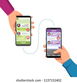 Two people hands holding phones, chatting or sending messages to each other. Hand typing new message using phone chat app. Modern mobile messaging communication. Flat vector isolated illustration