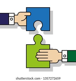 Two people hands putting puzzle 2 pieces. Teamwork business concept. Idea working together banner. Colaborative people design, vector puzzle illustration. Hand business man connecting puzzle elements