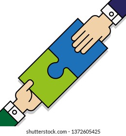 Two people hands putting puzzle 2 pieces. Teamwork business concept. Idea working together banner. Colaborative people design, vector puzzle illustration. Hand business man connecting puzzle elements