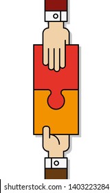 Two people hands putting puzzle 2 pieces. Teamwork business concept. Idea working together banner. Colaborative people design, vector puzzle illustration. Hand business man connecting puzzle elements