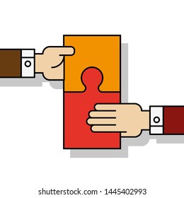 Two people hands putting puzzle 2 pieces. Teamwork business concept. Idea working together banner. Colaborative people design, vector puzzle illustration. Hand business man connecting puzzle elements