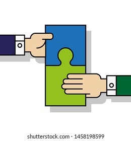 Two people hands putting puzzle 2 pieces. Teamwork business concept. Idea working together banner. Colaborative people design, vector puzzle illustration. Hand business man connecting puzzle elements