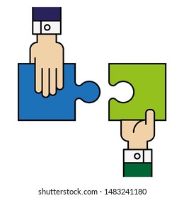 Two people hands putting puzzle 2 pieces. Teamwork business concept. Idea working together banner. Colaborative people design, vector puzzle illustration. Hand business man connecting puzzle elements