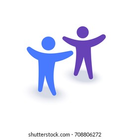 Two people with hands up. Logo or icon. Family symbol. Team company meeting