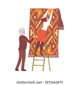 Two people hanging carpet at shop flat vector illustration