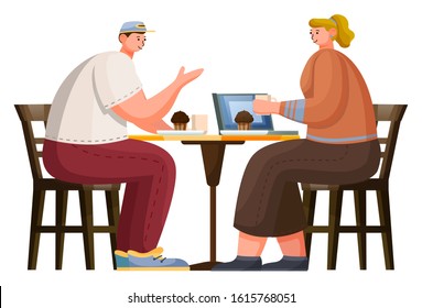 Two people have lunch in cafe. Man and woman sit on wooden chairs and drink coffee and eat muffins. Cozy place for relaxation and meeting with friend in cafeteria. Vector illustration in flat style