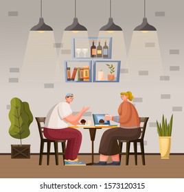 Two people have lunch in cafeteria or coffeehouse. Man and woman sit on simple wooden chairs and eat muffins. Modern interior design, nice place for meeting with friend. Vector illustration in flat