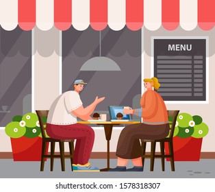 Two people have lunch outdoor. Summer area of cafe on street. Man and woman sit at table, talk and eat cupcakes. Modern exterior design of coffeehouse, menu board on wall, vector illustration in flat