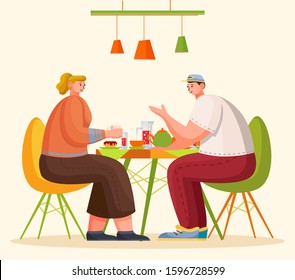 Two people have meal at home or cafe. Man and woman sitting on colorful chairs and talking. Family or friends eat donuts and drink tea. Cozy interior of kitchen, vector illustration in flat style