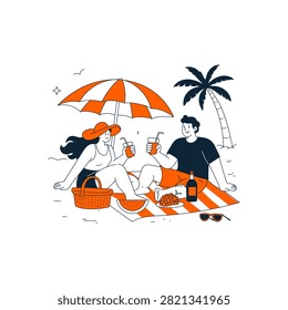 Two people having a beach picnic under an umbrella with drinks and fruit