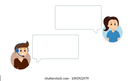 Two people having chat. Speech bubbles with copyspace for text. Flat vector call center operators. Man with microphones, earphones answears the questions. Support service online, chat, dialog concept.