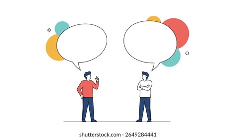 Two people having a conversation with empty speech bubbles above their heads and colorful abstract shapes floating around them representing ideas and communication