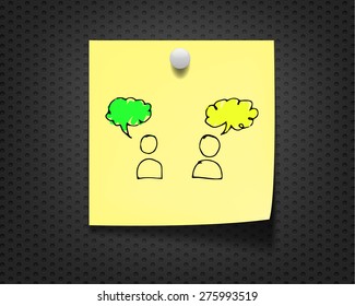 Two people having a conversation on yellow note on gray background