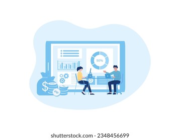 Two people are having a meeting with data analysts trending concept flat illustration