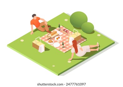 Two people having a picnic on a grassy area with baskets and food, isometric style, light background. Concept of outdoor leisure. Vector illustration