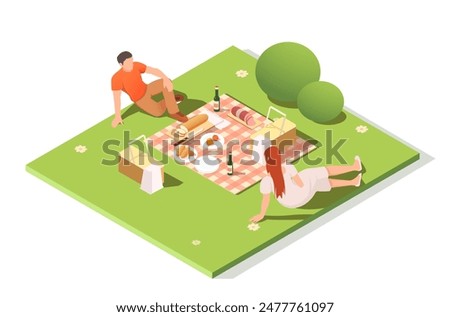 Two people having a picnic on a grassy area with baskets and food, isometric style, light background. Concept of outdoor leisure. Vector illustration