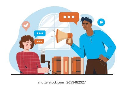 Two people having a podcast conversation, one speaking into a microphone and the other using a megaphone, cartoon style on a light background. Vector illustration
