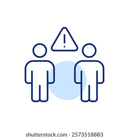 Two people and hazard alert. User interaction safety issues, privacy concerns for personal data. Pixel perfect, editable stroke icon