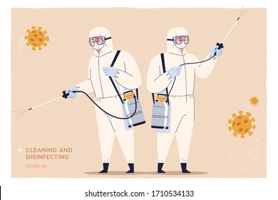 Two people with hazmat suits carefully disinfecting the settings to avoid coronavirus transmission during COVID-19 outbreaks, isolated on straw yellow background in flat design