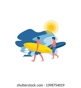 Two people head to the sea to surf. Summer illustration