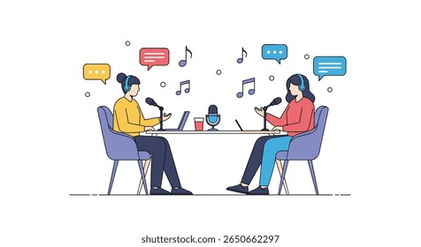 Two people with headphones are talking into microphones while sitting at a table with laptops and musical notes floating around them creating a podcast