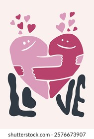 Two people in heart shape hugging. Love hand drawn infantile style. Organic doodle shapes matisse style, naive art, contemporary backgrounds. Fall in love vector illustration