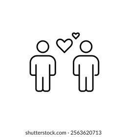 Two people with hearts between them. Love, family and care relationships. Pixel perfect vector icon