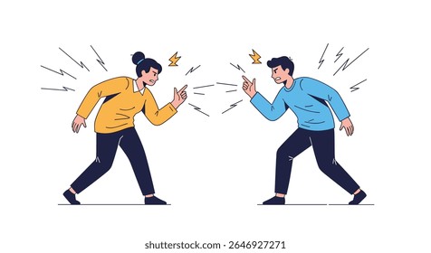 Two people in a heated argument with energy lines and conflict symbols radiating between them showing strong disagreement and tension