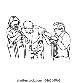 two people help a disable up with crutches - vector illustration sketch hand drawn with black lines, isolated on white background